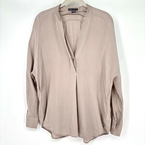 Vince Silk Satin Band-Collar Blouse Sz XS Taupe Gray Long Sleeve